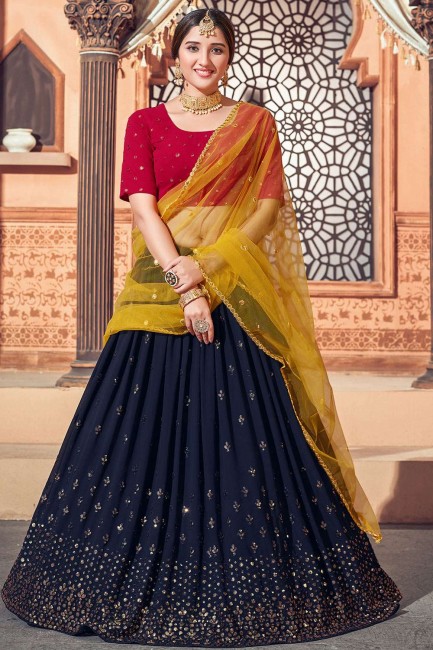 Navy blue Party Lehenga Choli in Embroidered Georgette