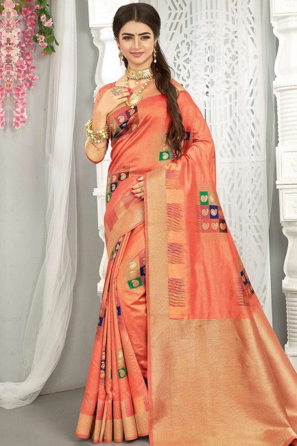 Weaving South Indian Saree in Peach Art silk