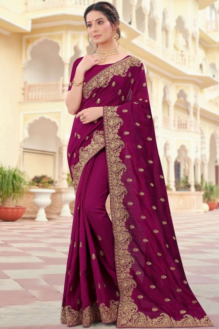 Embroidered Silk Party Wear Saree in wine with Blouse