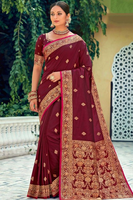 Party Wear Saree in Maroon Silk with Weaving