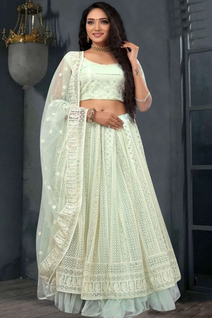 Green Party Lehenga Choli with Embroidered Net