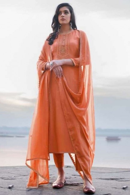 Embroidered Georgette Palazzo Suit in Orange