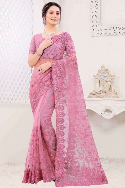 Pink Net Wedding Saree with Resham zircon