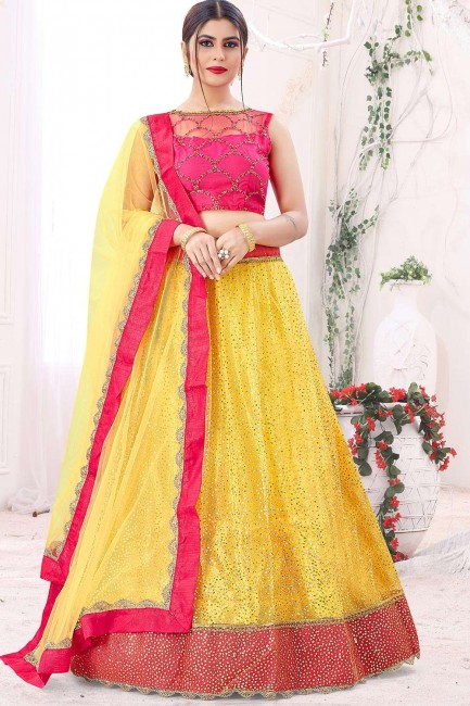 Sequins Wedding Lehenga Choli in Yellow Net