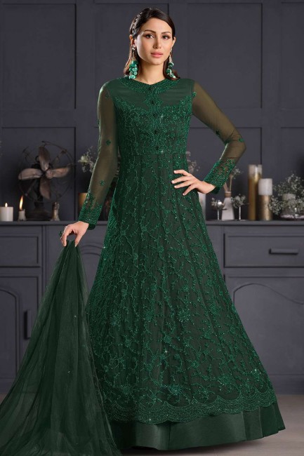 Green Embroidered Net Anarkali Suit