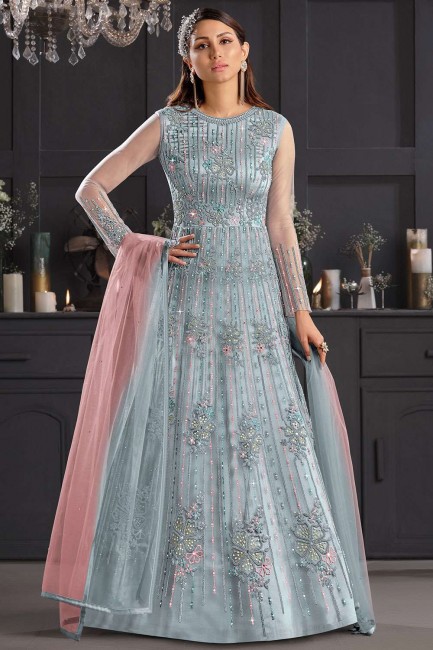 Grey Anarkali Suit with Embroidered