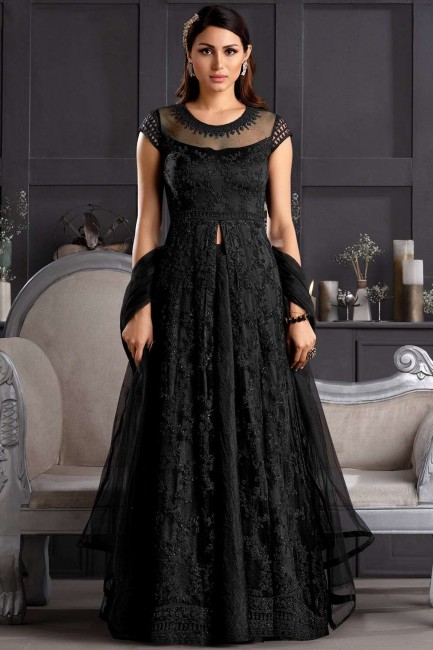 Black Anarkali Suit in Embroidered