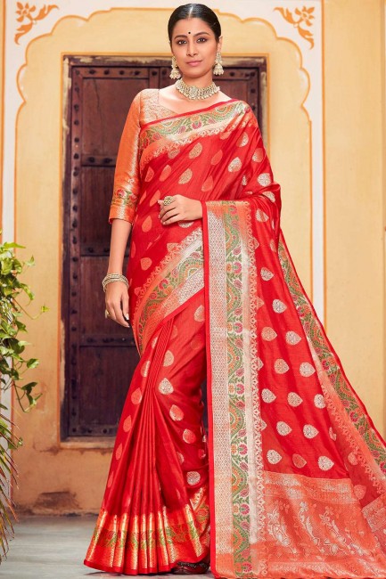 red Banarasi Saree in Banarasi silk with Weaving