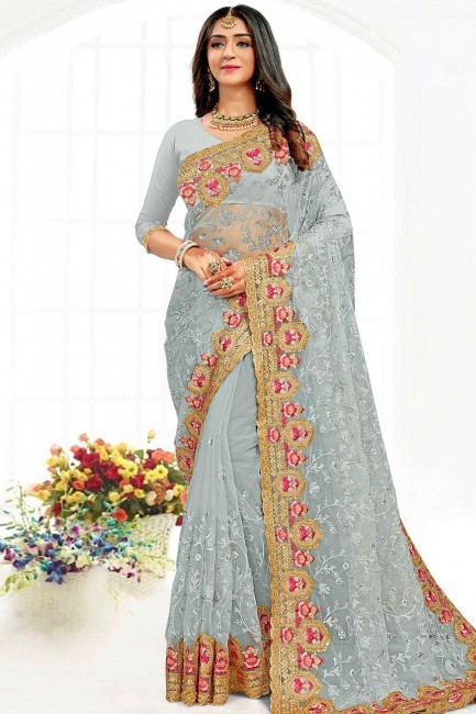 Net Grey Wedding Wear Saree in stone,embroidered