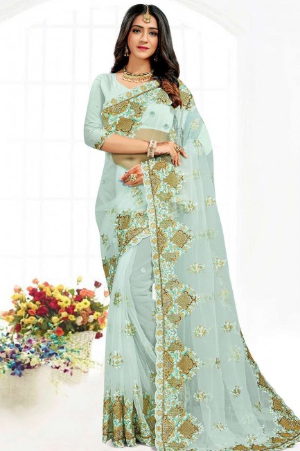 Resham,stone,embroidered Net Sky  Party Wear Saree with Blouse