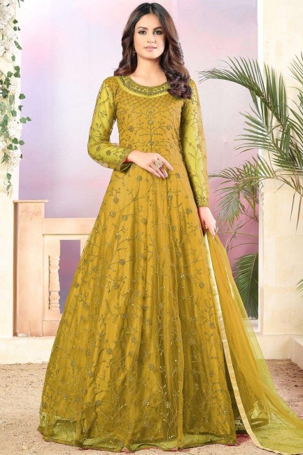 Embroidered Anarkali Suit in Mustard  Net