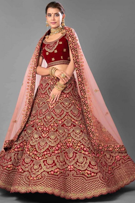 Luring Velvet Lehenga Choli with Lace in Maroon Color