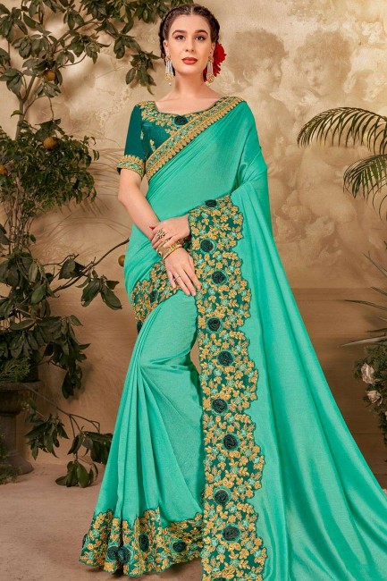 Turquoise  Patch,embroidered Party Wear Saree in Silk