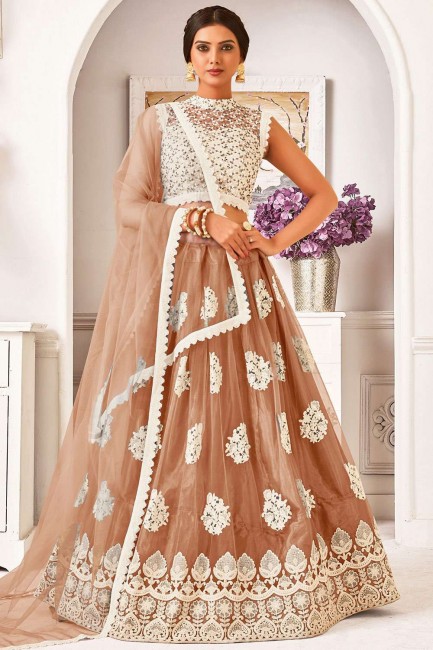 Net Party Lehenga Choli in Beige with Embroidered