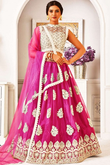 Net Party Lehenga Choli with Embroidered in Pink