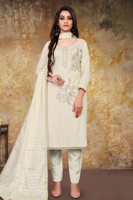 Embroidered Glass Cotton Straight Pant Suit in White