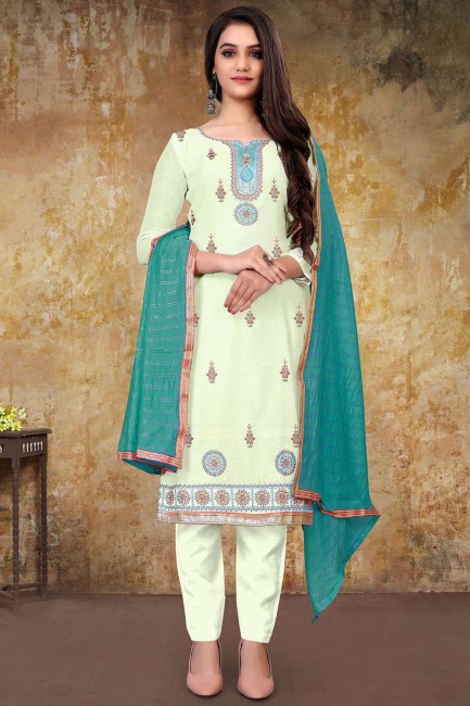 model Chanderi  Embroidered White Straight Pant Suit with Dupatta