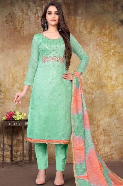 Chanderi silk Embroidered Pista Straight Pant Suit with Dupatta