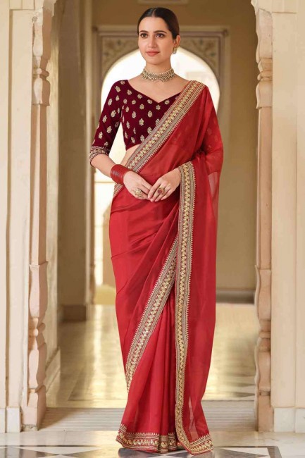Silk Saree in Red with Sequins Lace