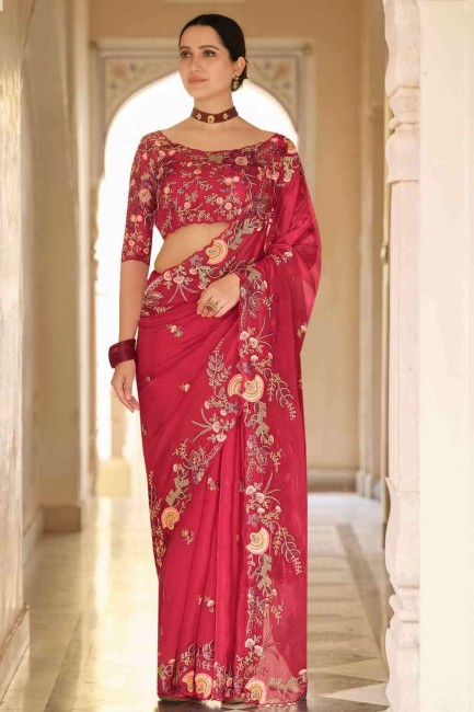 Red Sequins thread lace Saree in Silk