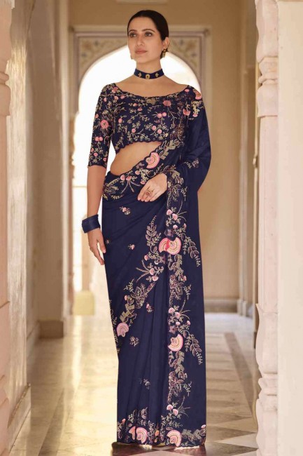 Navy blue Saree in Silk with Sequins thread lace