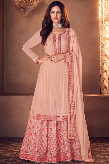 Embroidered Lehenga Suit in Pink Georgette