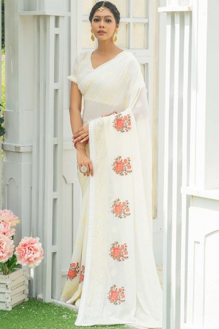 Art silk Stone,thread,embroidered White Party Wear Saree with Blouse