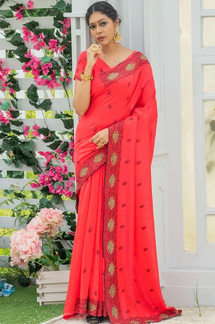 Stone,thread,embroidered Art silk Party Wear Saree in Pink