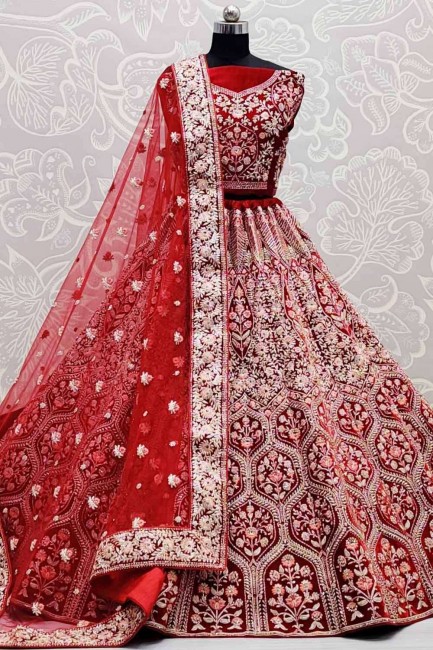 Red Stone with moti Wedding Lehenga Choli in Velvet