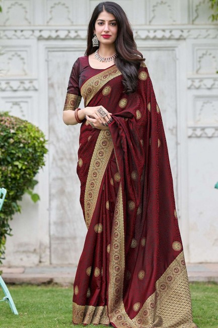 Maroon Saree with Weaving Silk