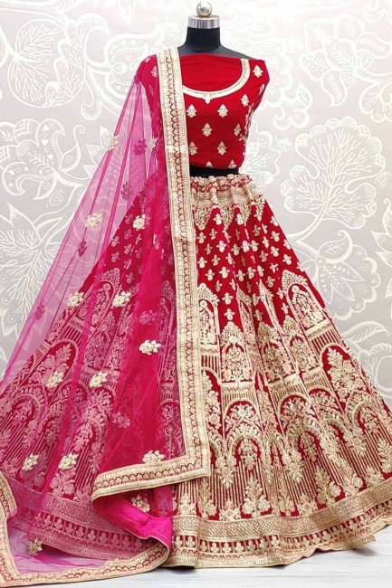Velvet Pink Bridal Lehenga Choli in Embroidered