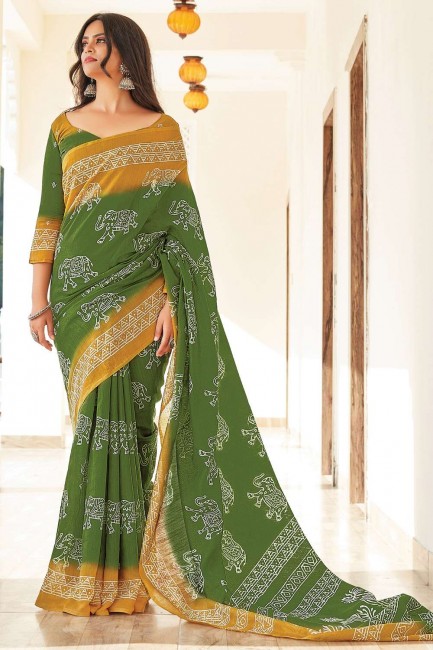 Cotton Saree in Green with Designer Printed