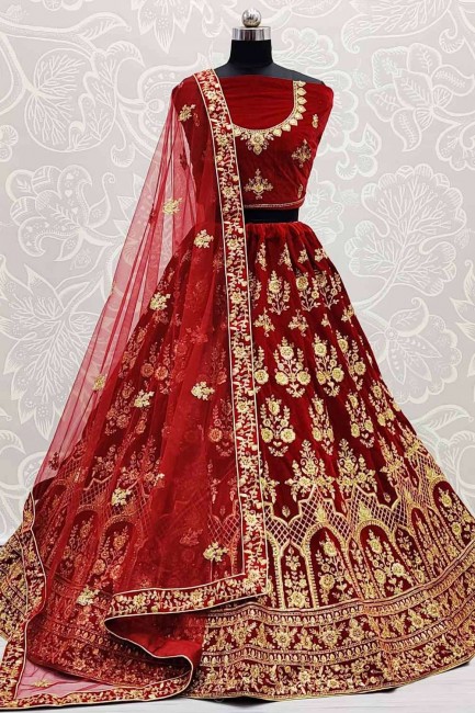 Bridal Lehenga Choli in Maroon Velvet with Embroidered