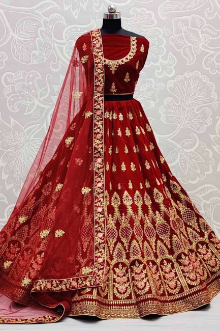 Maroon Velvet Embroidered Bridal Lehenga Choli with Dupatta