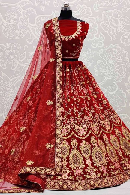 Marron Velvet Bridal Lehenga Choli with Embroidered work