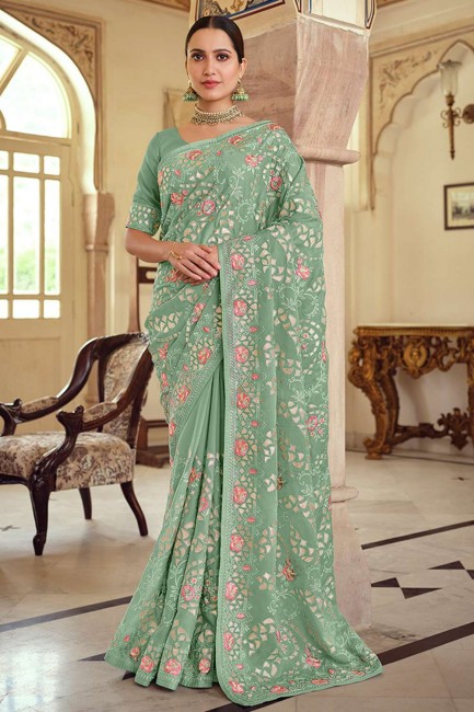 Embroidered Satin georgette South Indian Saree in Green with Blouse