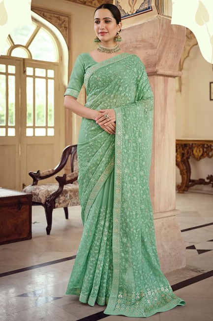 Green Party Wear Saree in Resham,embroidered Chiffon