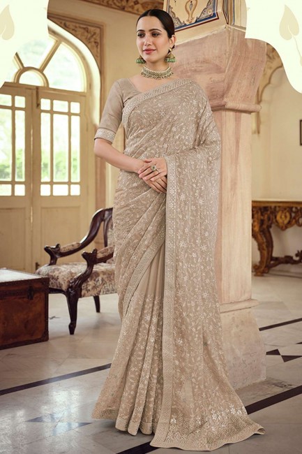 Chiffon Saree with Resham,embroidered in Brown