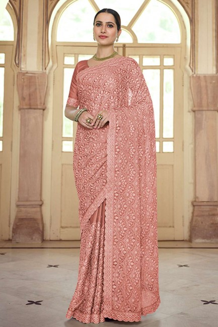 Resham,embroidered Chiffon Saree in Peach with Blouse