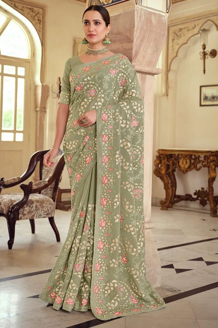 Green Saree with Resham,embroidered Satin georgette