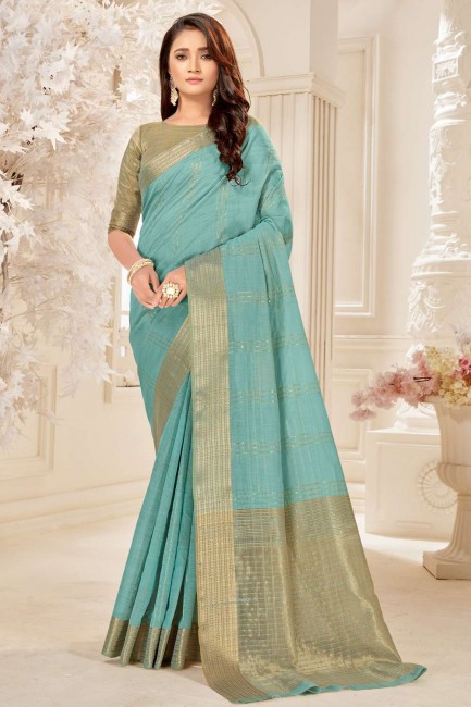 Weaving Saree in Blue Cotton and silk