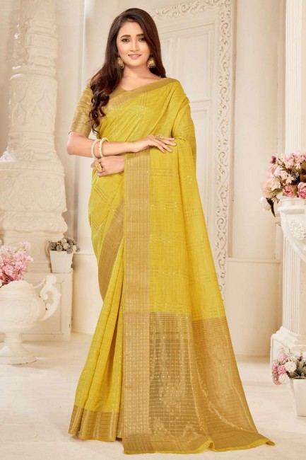 Weaving Cotton and silk Saree in Yellow