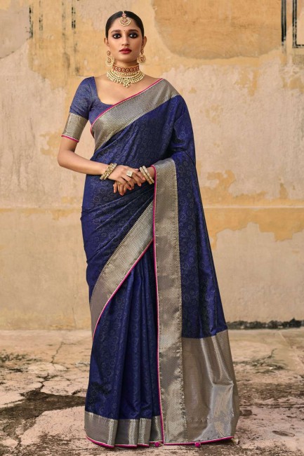 Blue Weaving Wedding Saree in Jacquard and silk