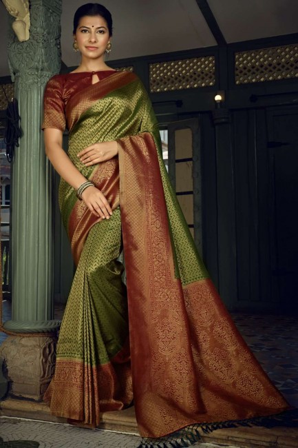 Art silk Weaving Olive green Saree with Blouse