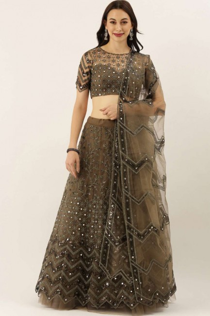 Embroidered Net Party Lehenga Choli in Olive with Dupatta