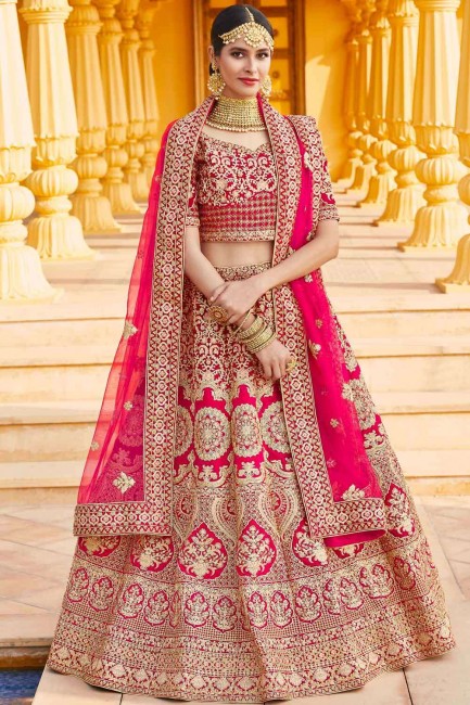 Pink Bridal Lehenga Choli in Velvet with Hand