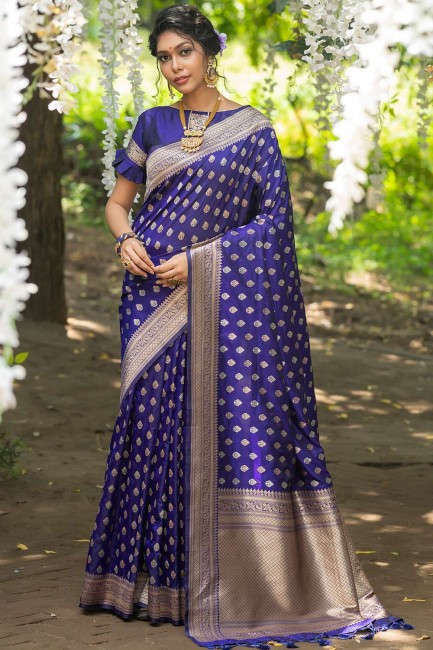 Royal blue Saree in Cotton and silk with Weaving