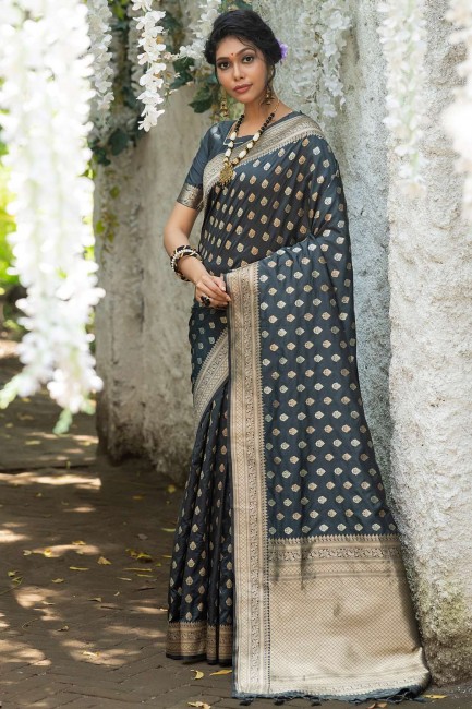 Black Saree in Cotton and silk with Weaving