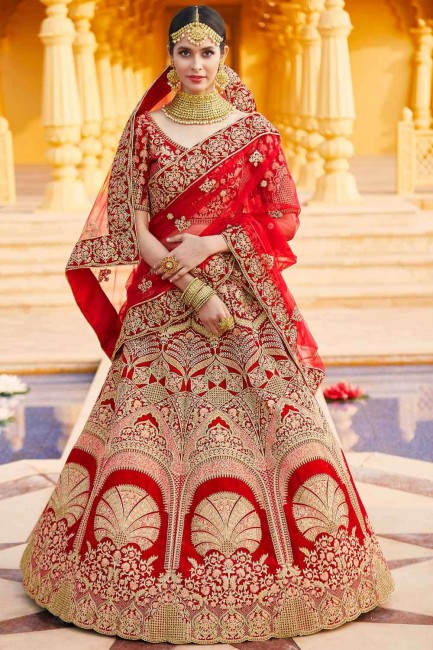 Red Bridal Lehenga Choli with Embroidered Velvet