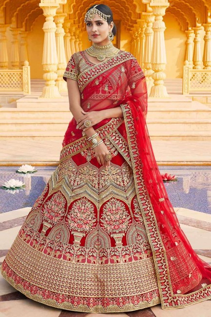 Velvet Bridal Lehenga Choli in Red with Embroidered
